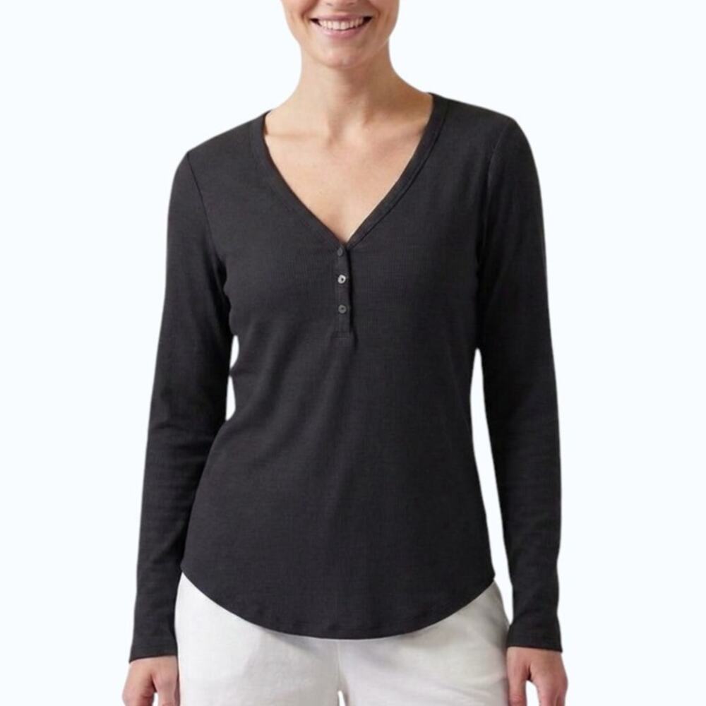 Athleta Wind Down Sleep Top Black Ribbed Henley Women Size L NWT